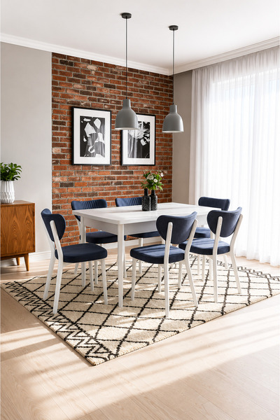 Concept Ayz Home Valoria Serisi 6 Kişilik 80x130 cm Beyaz MDF Gri Kumaş Beyaz...