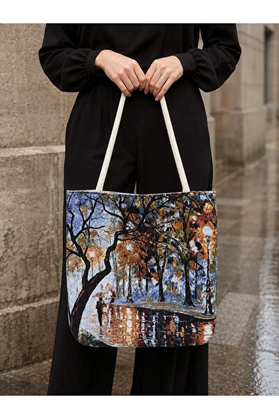 Köşedeki Dükkan Women's Landscape Patterned Woven Shoulder Bag Daily Tote Bag