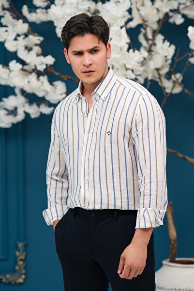 Paul Martin Regular Fit Buttoned Collar Striped Raw Linen Shirt