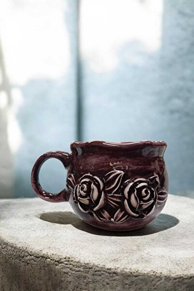 Salizera Rose Embossed Handmade 300 ml Ceramic Design Mug-Gift Mug Cup