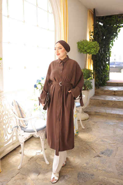 İmajButik Brown Waist Belted Oversize Tunic with Pockets