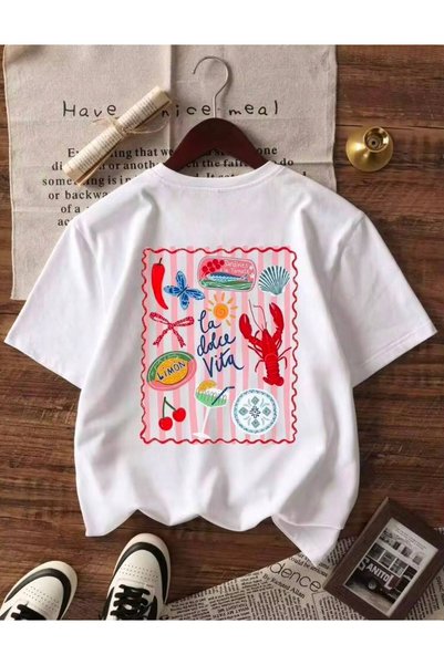LELVANİ Women's Lobster La Dolce Vita Lemon Themed Crew Neck T-Shirt