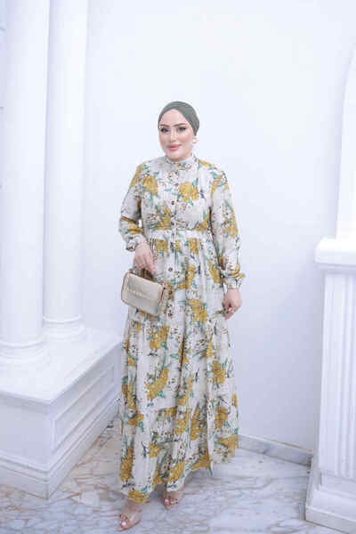 İmajButik Yellow Half-Buttoned Layered Dress with Elastic Sleeves