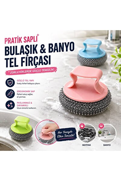 HB LİFE Pratik Saplı Bulaşık ve Banyo Tel Süngeri Çok Amaçlı Güçlü Ovma Fırçası