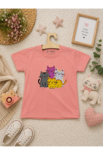 Kids Pembe kedi logolu tshort