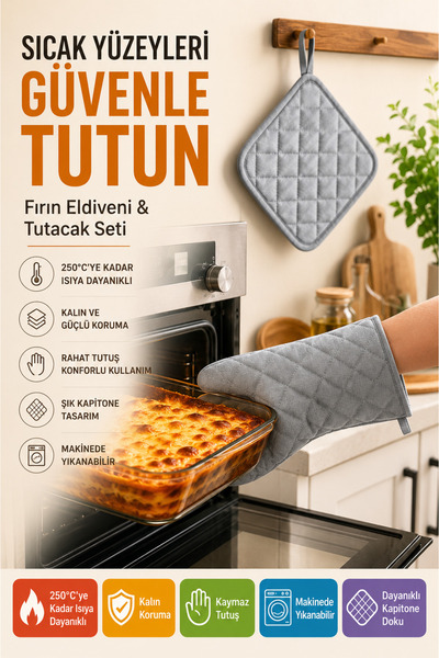 OpenCity Gray Oven Mitts and Holder Set Heat Resistant Quilted Kitchen Gloves...