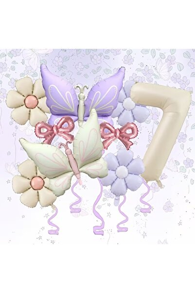 ÇITIPITISTORE Cream Lilac Butterfly Daisy Foil Balloon Birthday Celebration P...