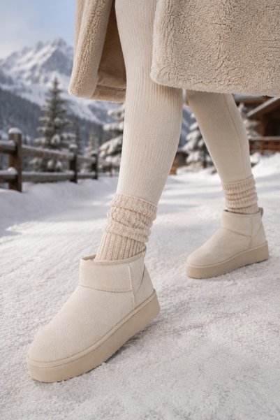 Sivarro Women's High Mini Classic Suede Winter Boots with Fur Inside - Beige