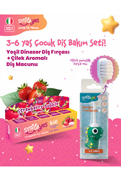 Kids Strawberry Bubble Aromalı Çocuk Diş Macunu 3-6 Yaş + Dinazor Serisi Diş Fırçası 1-5 yaş Yeşil