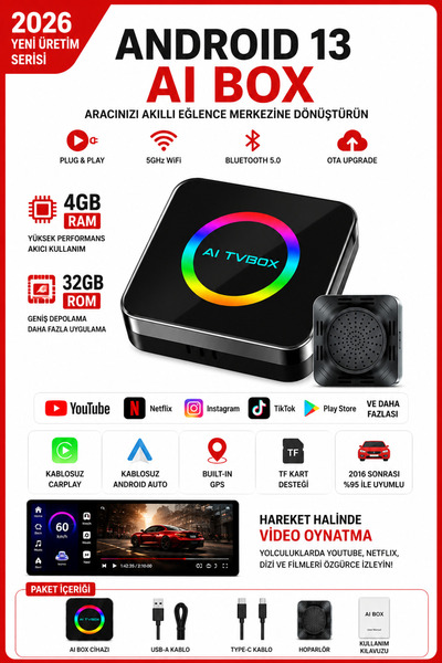 Genel Markalar NS3 Android 13.0 CarPlay AI Box 4GB RAM 32GB ROM Kablosuz Andr...