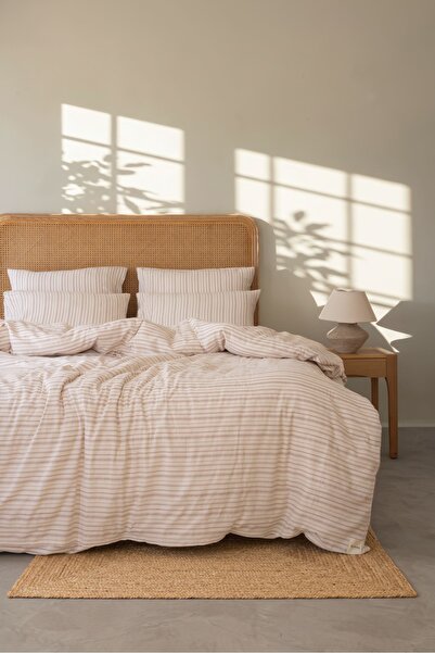 Bej Home Cream Colored Pink Striped Double Duvet Cover Set 200X220