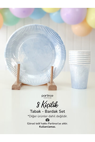 partince 8 Kişilik Makaron Mavi Tema Kullan At Karton Tabak Bardak Parti Seti