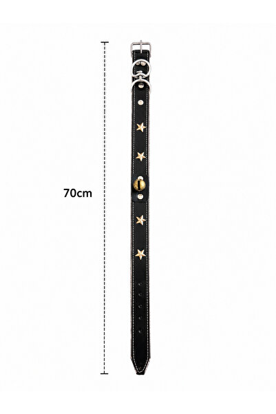 YILPAX Zilli Hakiki Deri Köpek Boyun Tasması Yıldız Süslü Çıngıraklı Büyük Irk 70 cm Siyah
