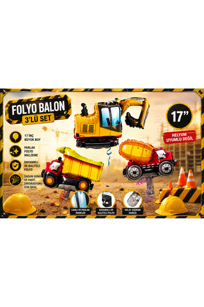 Parti Dükkanı 3'lü İş Makinesi Folyo Balon Seti 14 İnç Ekskavatör Damperli Ka...