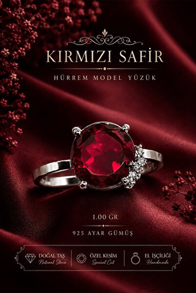 Erilsa Sertifikalı Kırmızı Safir Hürrem Model 925 Ayar Gümüş Ayarlanabilir Ka...
