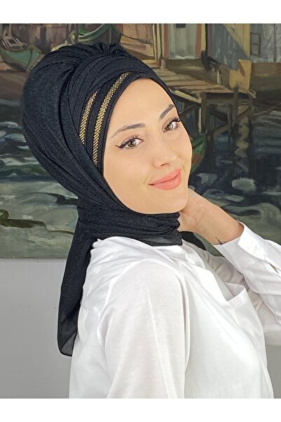 MY UKİYO STORE Çırağan Çok Drapeli Gold Taşlı Simli Şifon Hazır Şal