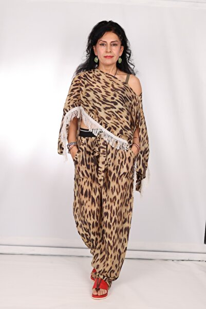 Store Leopard Patterned Fringed Bohemian Chiffon Beach Top and Bottom Set Pareo