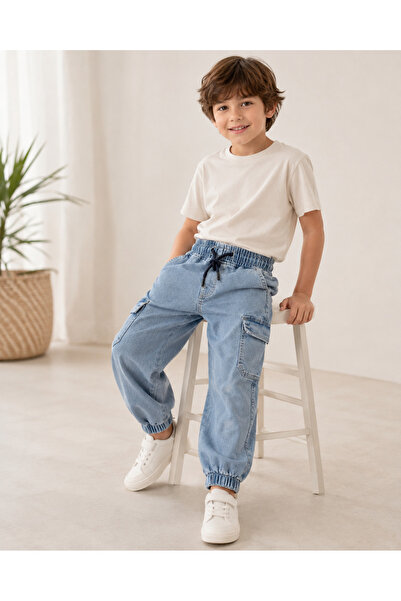 TACE KIDS Erkek Çocuk Açık Mavi Kargo Cep Detaylı Beli Lastikli Denim Jogger Pantolon- 5-12 YAŞ