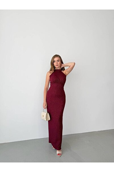 Roserella Tekstil HELEN Maxi Elbise - Bordo - Simli