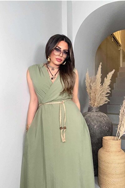 Lady Pixie Kruvaze Kolsuz Hasır Örme İp Detay Elbise Mavi