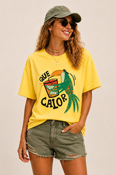 ArtYus Tricou oversize unisex cu imprimeu Que Calor Parrot, cu gât rotund, le...