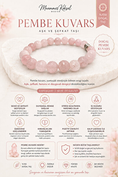 Muammer Köksal Design Pembe Kuvars Bileklik Rose Quartz Doğal Taş Kadın Erkek...