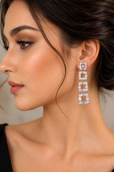 Valmont Accessories Zircon Stone Geometric Square Dangle Women's Earrings Sil...