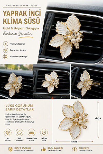 TEMUNGUR Gold Beyaz Yaprak İnci Taşlı Araç İçi Klima Süsü | Premium Havalandı...
