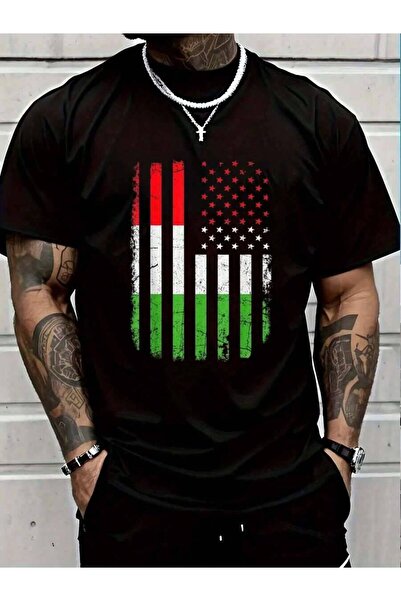 01THEONE قميص صيفي للرجال بتصميم علم المجر وأمريكا، مصنوع من القطن 100%، أسود...