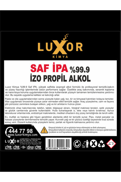 Luxor Kimya Saf İzopropil Alkol (IPA) %99.9 5 Litre (Dezenfektan Alkolü)