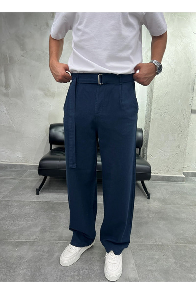 DIFRANSEL JEANS بنطلون كتان فضفاض للرجال مع تفاصيل حزام