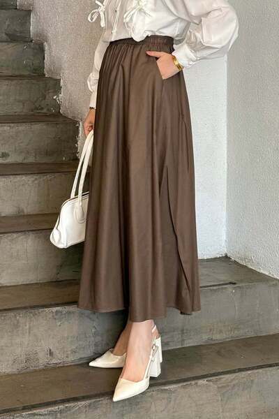 lamelif Pocket Detailed Flared Linen Skirt Bitter Brown