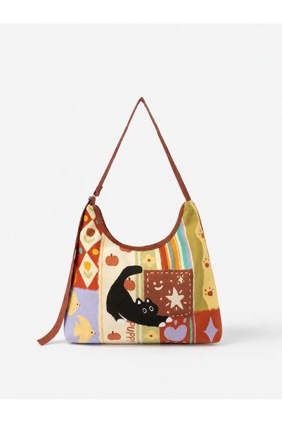 street&bagdnz Custom Printed Adjustable Strap Zippered Moon Shoulder Bag Red Black Cat Pattern