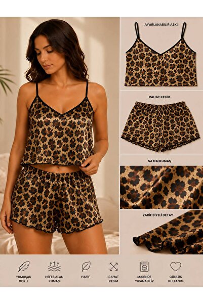 Shesu Saten Leopar Desenli Bluz Şort 2'li Gecelik Takım Love Secret