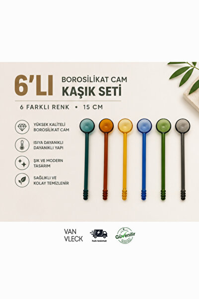 VAN VLECK 6'lı Renkli Borosilikat Cam Kaşık Seti – Isıya Dayanıklı Karıştırma...