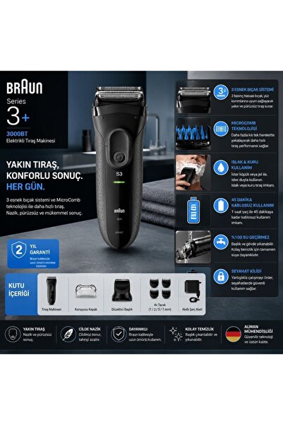 Braun Series 3+ Elektrikli Tıraş Makinesi Siyah, Kuru 3000BT Kullanım Özelliğ...