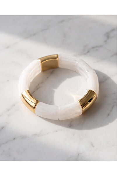 La'Bien White Marble Patterned Gold Detailed Flexible Women's Bracelet with S...