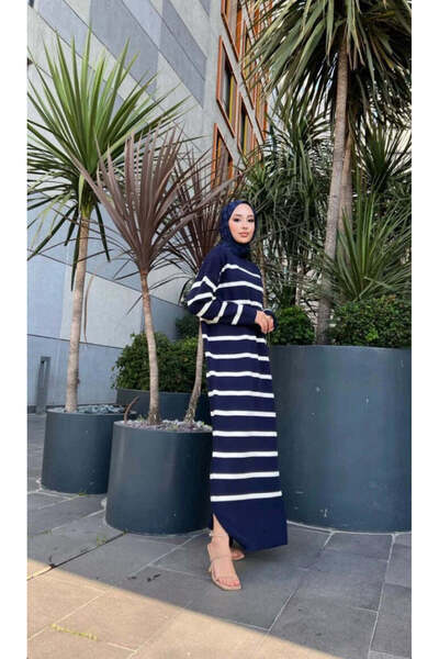 müqofficial Striped Long Knit Dress - Navy Blue