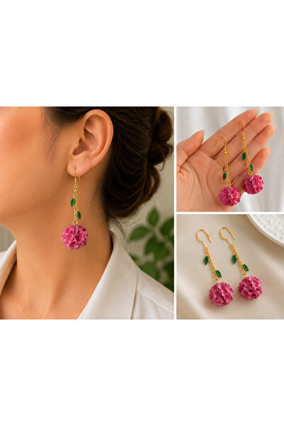 ENOUR ACCESSORİES El işi Gold kırmızı sallantılı çiçek tasarım Küpeler