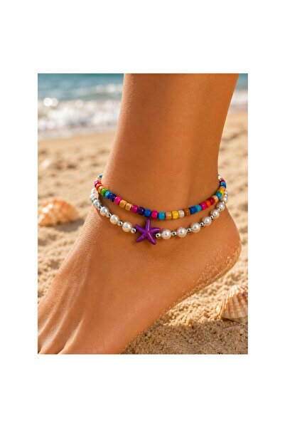 Bijustore Purple Starfish - Pearl - Bamboo Beads Double Women's Anklet