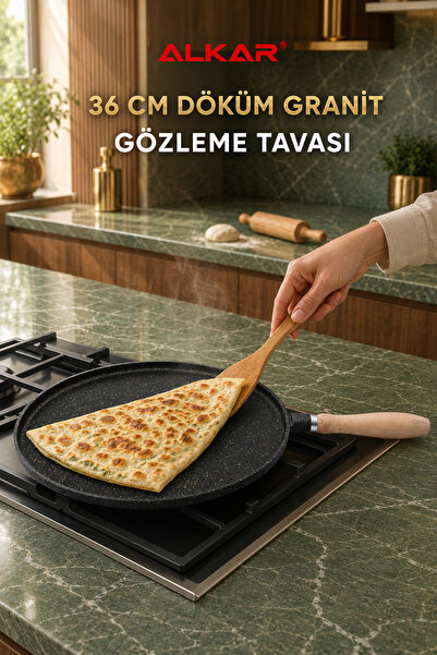 AKBA HOME Gözleme Tavası 36 cm Döküm Granit Ahşap Saplı Profesyonel Bazlama K...