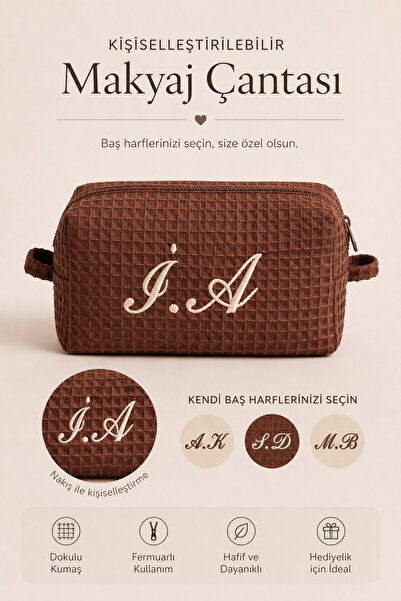 Beige & Stone Kahverengi Kişiye Özel Harf Nakışlı Pamuklu Hediyelik Kadın Mak...