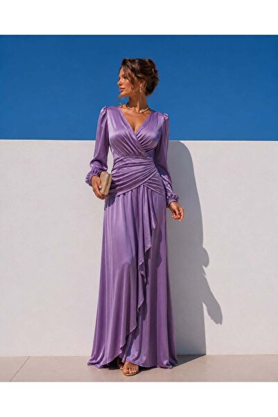 Modafeminen Long Sleeve Double Breasted Collar Waist Draped Satin Maxi Evenin...