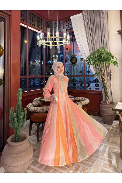 NİLNUR MODA فستان نسائي باللون البرتقالي الغروبي للموسم الجديد
