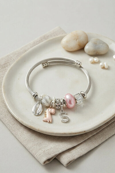 Lisinya Silver Color Bracelet with Pink Dinosaur Model Charm -