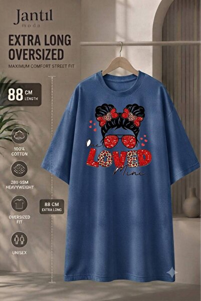 JANTIL MODA Crew Neck Loved Written Leopard Patterned Girl Figure Extra Long ...