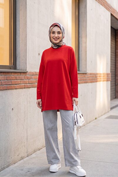 Modamorfo Loose Combed Cotton Tunic with Heart Detail on the Skirt and Slits ...