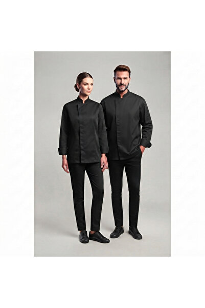 Asteks Unisex Siyah Hakim Yaka Regular Fit Uzun Kollu Aşçı Ceketi / Mutfak Ce...