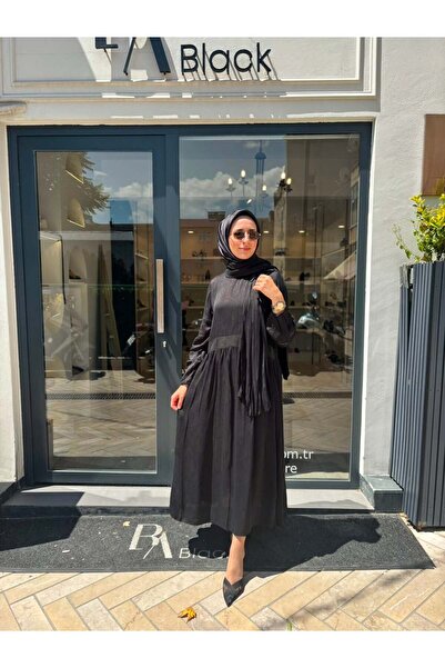 MissWhence 39824 Kendinden Desenli Kadın Elbise Siyah
