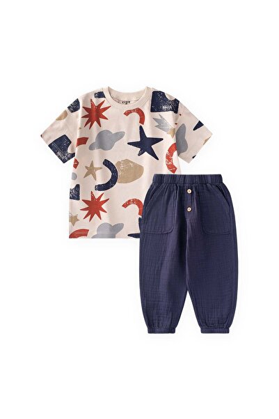 Cigit Muslin T-Shirt and Pants Set 2-10 Years Beige